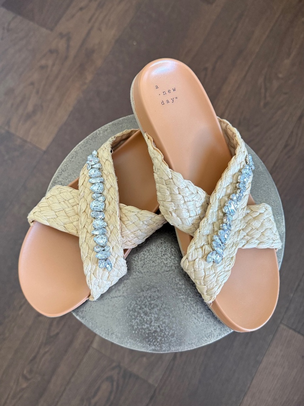 A New Day Raffia Crystal Embellished Slide Sandals Women's Size 8 Natural Straw